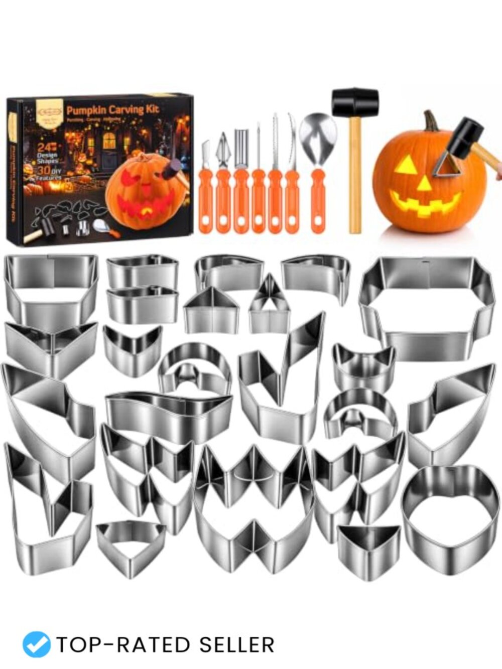 32-Piece Stainless Steel Pumpkin Carving Kit with 24 Stencils